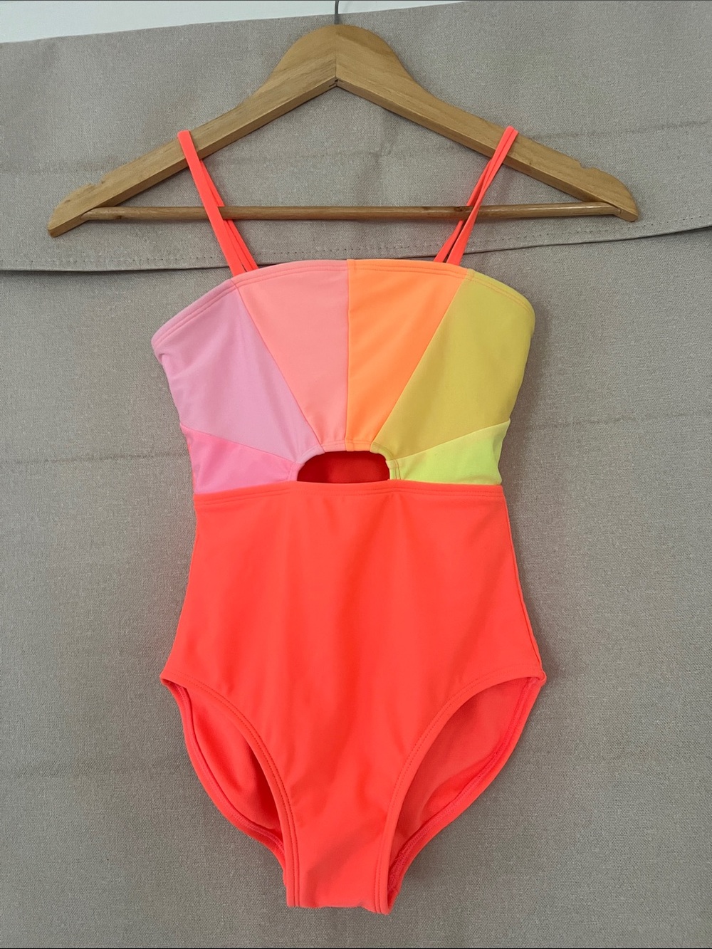 Never Worn Girls Neon Colorblock One-Piece Swimsuit - Coral Pink Orange Yellow